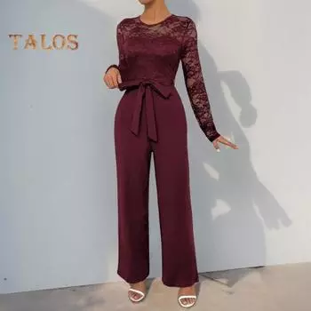 Женский кружевной деловой комбинезон с длинными рукавами, широкими брюками и высокой талией, комбинезон с поясом, летний цельный комбинезон M вино красного