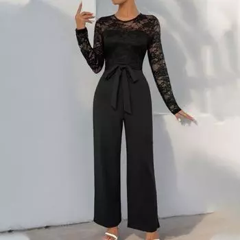 Женский кружевной деловой комбинезон с длинными рукавами, широкими брюками и высокой талией, комбинезон с поясом, летний цельный комбинезон S вино красного