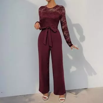Женский кружевной деловой комбинезон с длинными рукавами и широкими брюками с высокой талией S вино красного