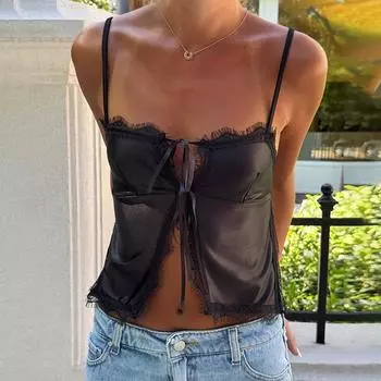 Женский кружевной кардиган со шнуровкой на груди из атласа, темпераментный, пикантный, с сексуальным пупком, тонкий и универсальный топ для улицы S чёрный