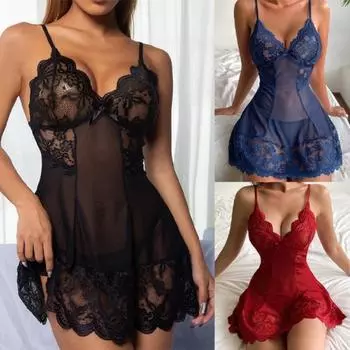 Женский кружевной комплект пижамы без рукавов, платье, боди, нижнее белье, ночные платья, комплект M чёрный