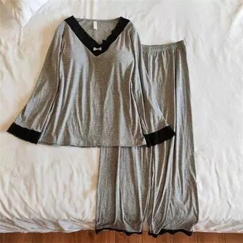 Женский кружевной комплект пижамы с каймой, сексуальный с V-образным вырезом, модальная пижама, однотонная свободная повседневная ночная рубашка, милое интимное белье, домашняя одежда M