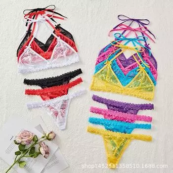 Женский кружевной комплект сексуального нижнего белья Europe and United, бюстгальтер с подвесным воротником и завязками, прозрачные сексуальные трусики, комплект из двух частей, дышащий, мягкий, удобный комплект нижнего белья с открытой спиной one size