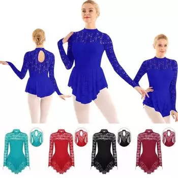 Женский кружевной купальник с цветочным принтом для балета и танцев, костюм с рукавами для фигурного катания на коньках X-Small чёрный