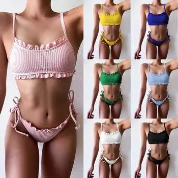 Женский кружевной купальник в разноцветную полоску бикини, модная пляжная одежда S белый