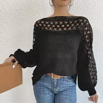 Женский кружевной лоскутный свитер на одно плечо с ажурной вышивкой S чёрный