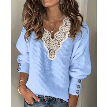 Женский кружевной лоскутный свитер, вязаный пуловер на пуговицах с v-образным вырезом, свободный пуловер, топ S синий