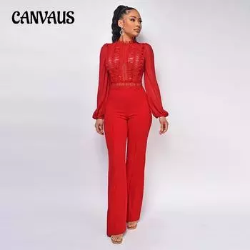 Женский кружевной модный однотонный шифоновый комбинезон с высоким воротником и высокой талией S белый