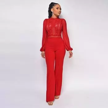 Женский кружевной модный однотонный шифоновый комбинезон с высоким воротником и высокой талией S белый