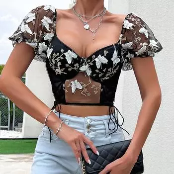 Женский кружевной прозрачный топ-бандо на косточках с пышными рукавами S чёрный