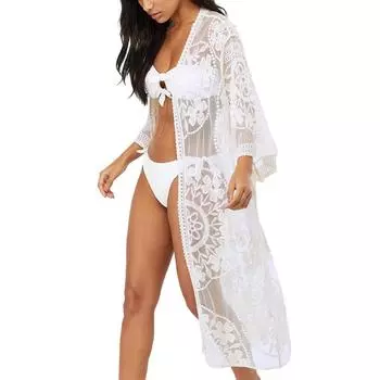 Женский кружевной сарафан с открытыми плечами для пляжа, прогулок, путешествий, походов, модный купальник, прикрытие с длинным рукавом, одежда, подарок белый