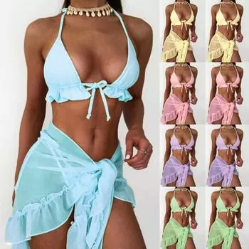 Женский кружевной сетчатый купальник из трех частей, однотонный комплект бикини, пляжная одежда S синий