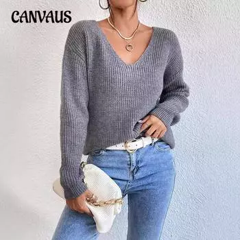 Женский кружевной сексуальный свитер с открытой спиной и V-образным вырезом, длинный рукав, кружевной свитер S серый