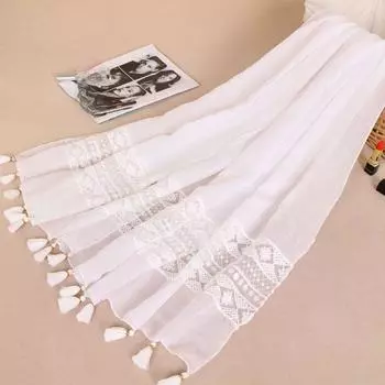 Женский кружевной шарф с бахромой, однотонный шнурок, мусульманский хиджаб белый