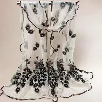 Женский кружевной шарф с вышитым цветком павлина, длинный мягкий платок с запахом бежевый