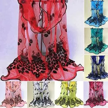 Женский кружевной шарф с вышитым цветком павлина, длинный мягкий платок с запахом чёрный