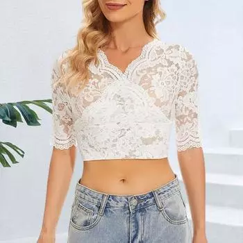 Женский кружевной топ, прозрачный V-образный вырез, тонкий, с половиной рукавом, сплошной цвет, приталенный камзол, укороченный топ с цветочной вышивкой, завернутое нижнее белье, облегающее грудь XL чёрный