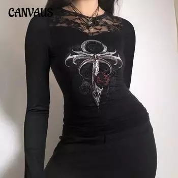 Женский кружевной топ с плетением Personality Spice Sexy с круглым вырезом и длинными рукавами S чёрный