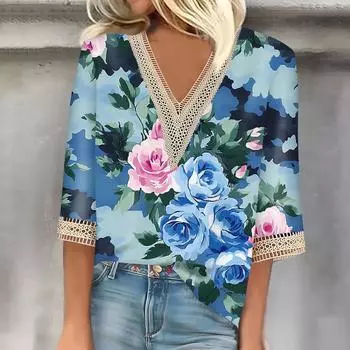 Женский кружевной топ с винтажным принтом и рукавами три четверти L синий