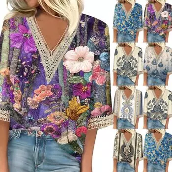 Женский кружевной топ с винтажным принтом и рукавами три четверти M синий