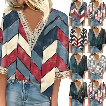 Женский кружевной топ с винтажным принтом и рукавами три четверти XXL чёрный