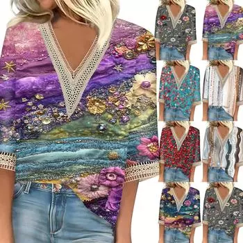 Женский кружевной топ с винтажным принтом и рукавами три четверти XXL