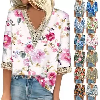 Женский кружевной топ с винтажным принтом и рукавами три четверти M