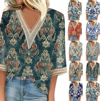 Женский кружевной топ с винтажным принтом и рукавами три четверти M зелёный