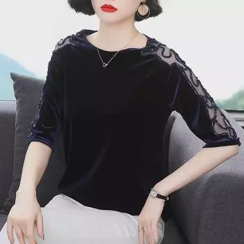 Женский кружевной топ весна-осень 2023 г.: Стильная футболка с рукавами 5-титочечным кроем для женщин среднего возраста L