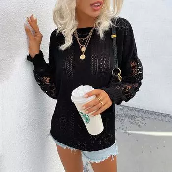 Женский кружевной трикотаж с плетением, новый ажурный свитер для осени и зимы S чёрный