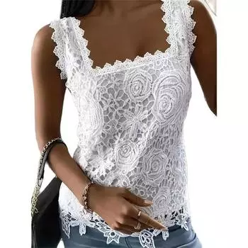 Женский кружевной жилет с квадратным вырезом, летние свободные милые стильные майки, элегантные майки, женская повседневная футболка без рукавов для поездок на работу 2025 S чёрный