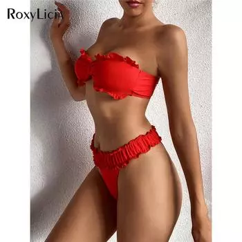 Женский купальник-бандо с рюшами и оборками, женский купальник, комплект бикини из двух частей, купальный костюм без бретелек S синий