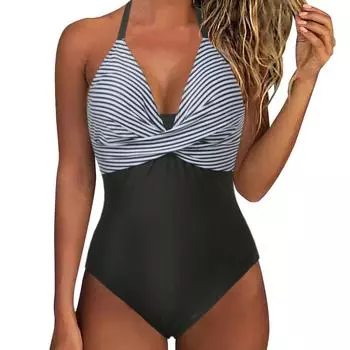 Женский купальник бикини 2024, женский европейский и сексуальный сбор, модное бикини в большую белую полоску Trajes De BaO 2024 Mujer M чёрный