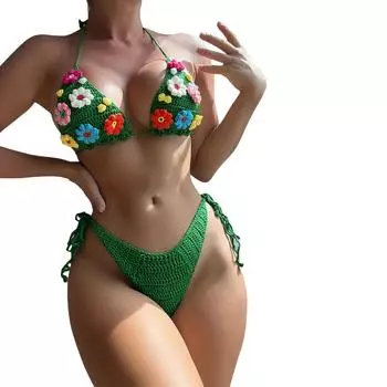 Женский купальник-бикини, без рукавов, свисающий вырез, цветочный вязаный бюстгальтер + бандажные трусы, купальник S зелёный