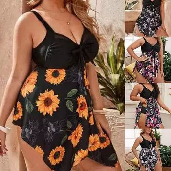 Женский купальник-бикини больших размеров с асимметричным подолом и цветочным принтом, новинка 2024 года, танкини 0XL жёлтый