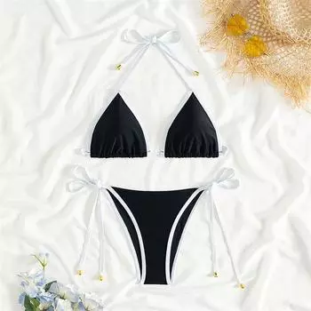 Женский купальник бикини халтер купальники новый комплект бикини на шнуровке сексуальные стринги летняя пляжная одежда купальный костюм для женщин из двух частей S чёрный