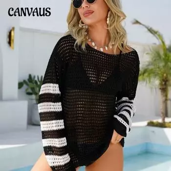 Женский купальник-бикини Hollow Splicing Beach большого размера с круглым вырезом и трикотажной рубашкой S чёрный