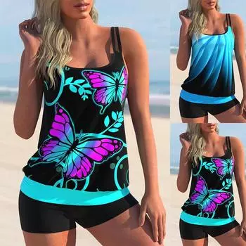 Женский купальник бикини майка комплект из двух частей фиолетовый с принтом развевающихся бабочек сексуальный праздничный пляжный наряд S-6XL XL