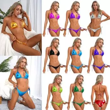 Женский купальник бикини металлик, комплект купальников для вечеринки у бассейна, бюстгальтер с лямкой на шее и стринги с низкой посадкой One Size чёрный