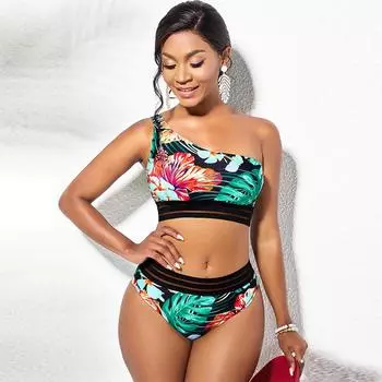 Женский купальник-бикини с бретелькой Dai в этническом стиле и свежими цветами S зелёный