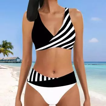 Женский купальник-бикини с бретелькой на бретельках и полуполосками с принтом и танкини S белый