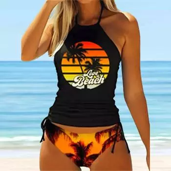 Женский купальник-бикини с бретелькой на бретельках и принтом закатного дерева и танкини S античный черный