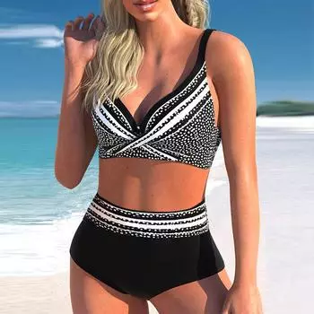 Женский купальник-бикини с бретелькой на шее и двумя толстыми полосками и принтом-танкини S чёрный