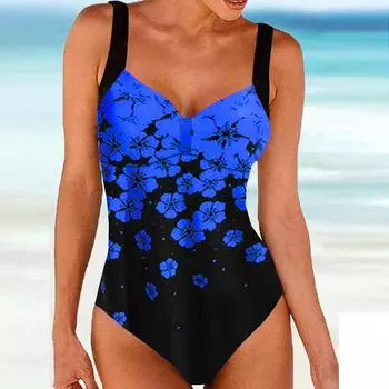 Женский купальник-бикини с бретелькой на бретельках темно-синего цвета с принтом персикового цвета и танкини S зелёный