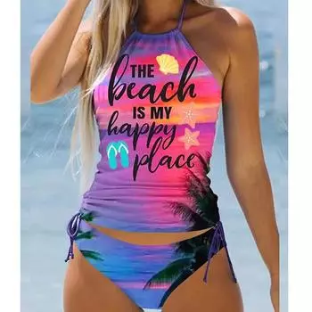 Женский купальник-бикини с цветным принтом заката на шее и бретельках-танкини S чёрный