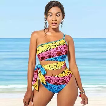 Женский купальник-бикини с цветным принтом граффити на бретельках и бретельках-танкини S разноцветный