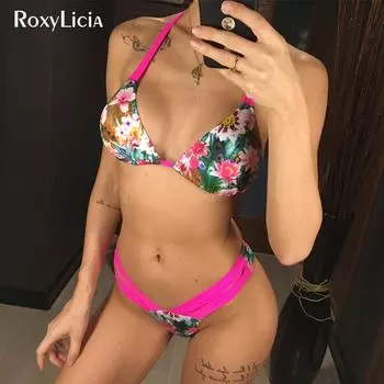 Женский купальник-бикини с цветочным принтом, женский купальник, комплект бикини с лямкой на шее, мягкий купальный костюм S горячий розовый