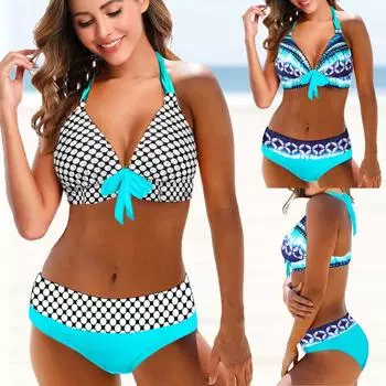 Женский купальник-бикини с лямкой на шее, купальник-танкини, белый купальник с круглым принтом S синий