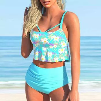 Женский купальник-бикини с лямкой на бретельках и чистыми белыми цветами S чёрный