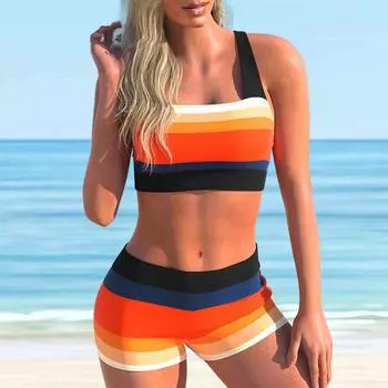 Женский купальник-бикини с лямкой на шее в оранжевые полосы и принтом-танкини S белый